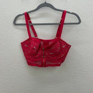 Victorias Secret Red Floral Laced Lined Demi Front Zip Bra Womens size 36C